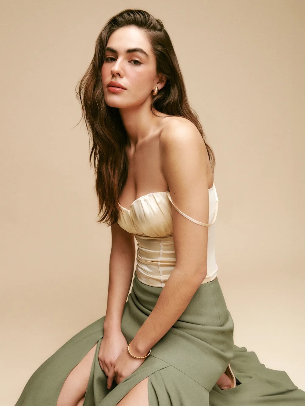 Reformation Cream Satin Bustier with Delicate Straps